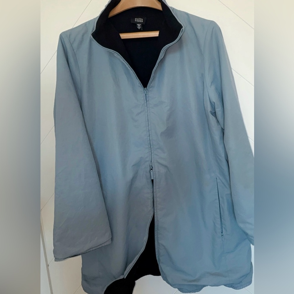 EILEEN FISHER Light Blue Nylon Wool Blend Zip Front Long Sleeve Jacket medium - Picture 7 of 13